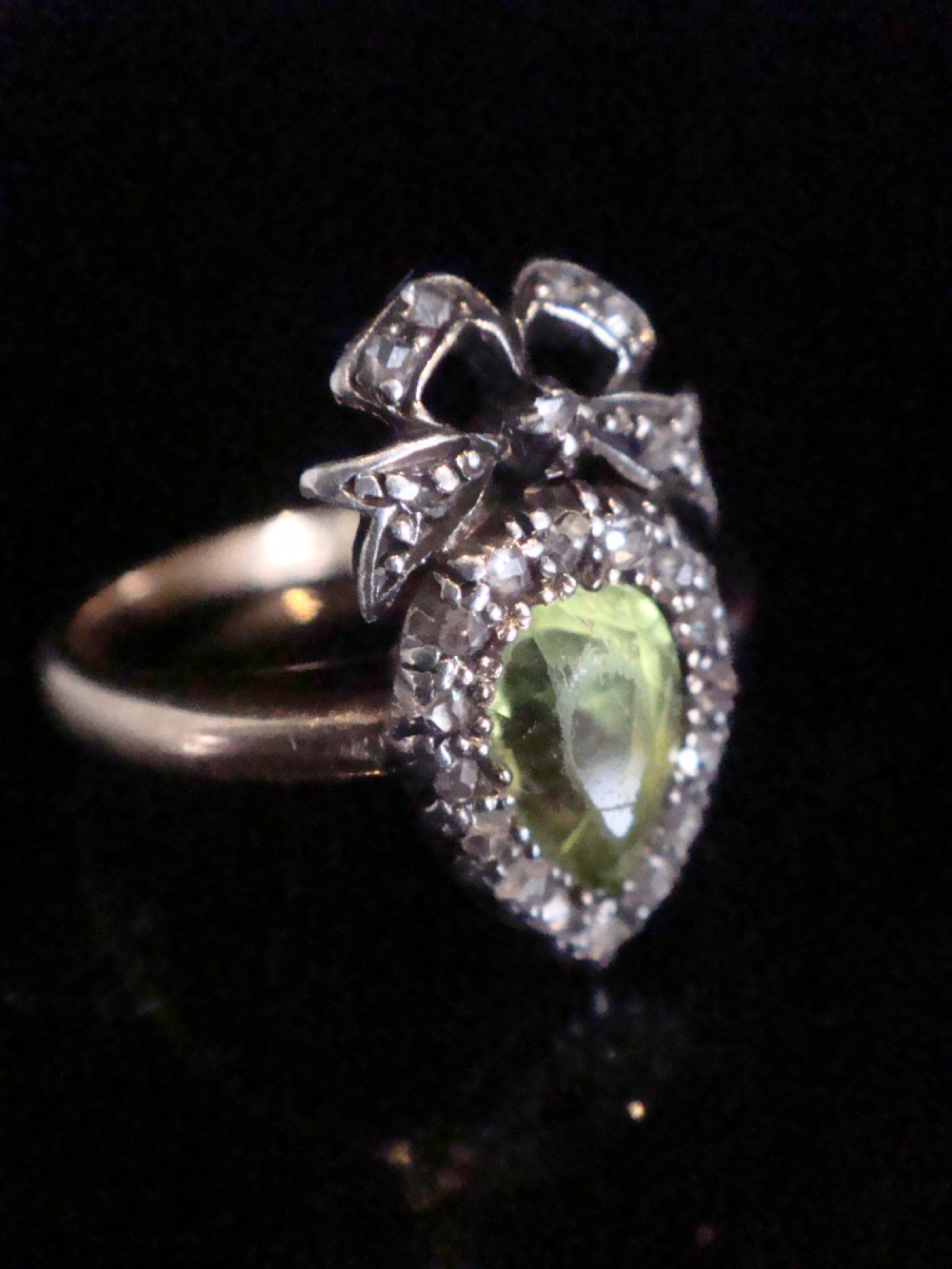 Georgian Victorian 15ct silver old rose cut diamond peridot heart bow ring View II