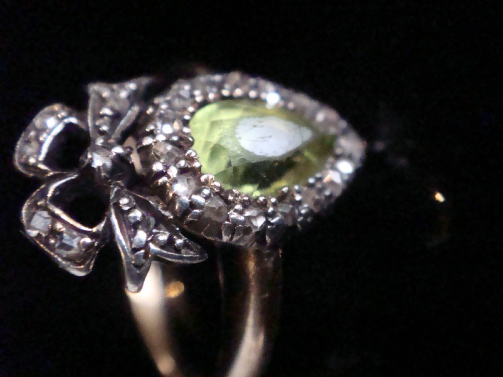 Georgian Victorian 15ct silver old rose cut diamond peridot heart bow ring View IV