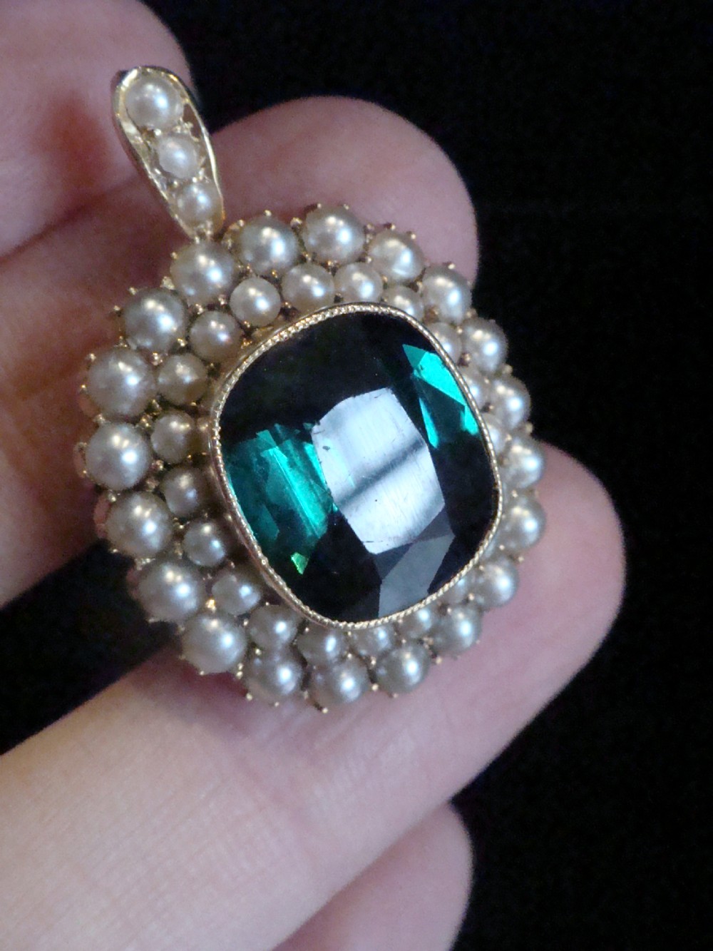 VICTORIAN 15CT NATURAL CUSHION CUT GREEN TOURMALINE 6CT SEED PEARL PENDANT 6.3G View IV
