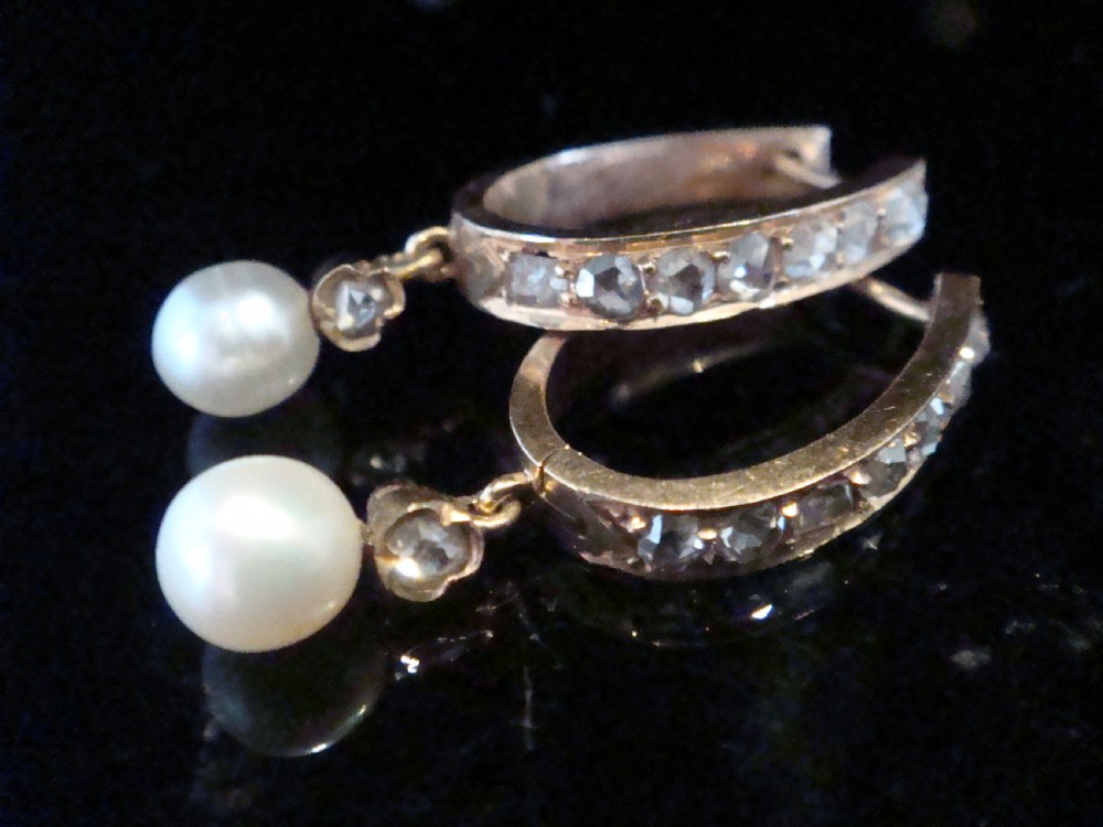 FRENCH EDWARDIAN 18CT ROSE GOLD PEARL ROSE CUT OLD CUT DIAMOND EARRINGS View III