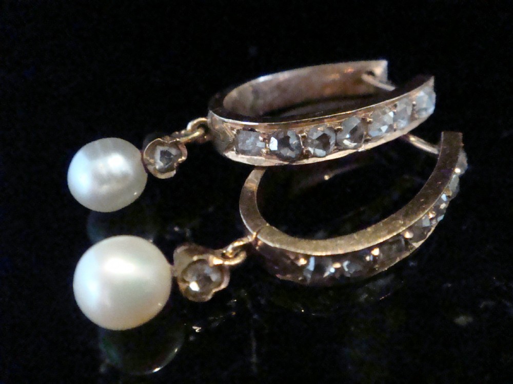FRENCH EDWARDIAN 18CT ROSE GOLD PEARL ROSE CUT OLD CUT DIAMOND EARRINGS View IV