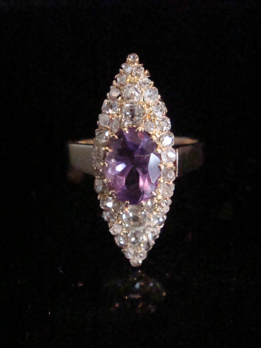 Edwardian 18ct rose / yellow gold amethyst old cut diamond marquis ring French?