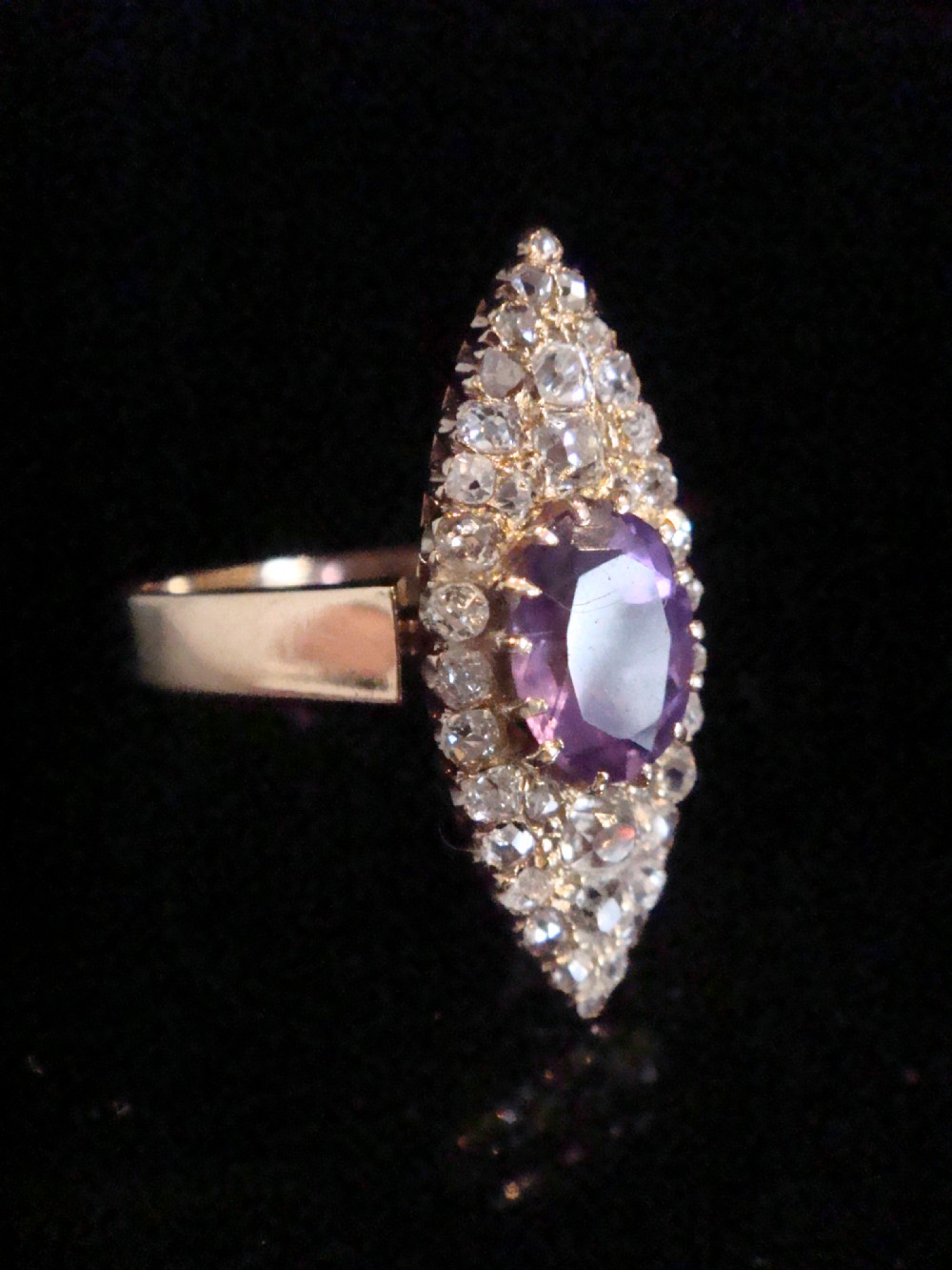 Edwardian 18ct rose / yellow gold amethyst old cut diamond marquis ring French? View III