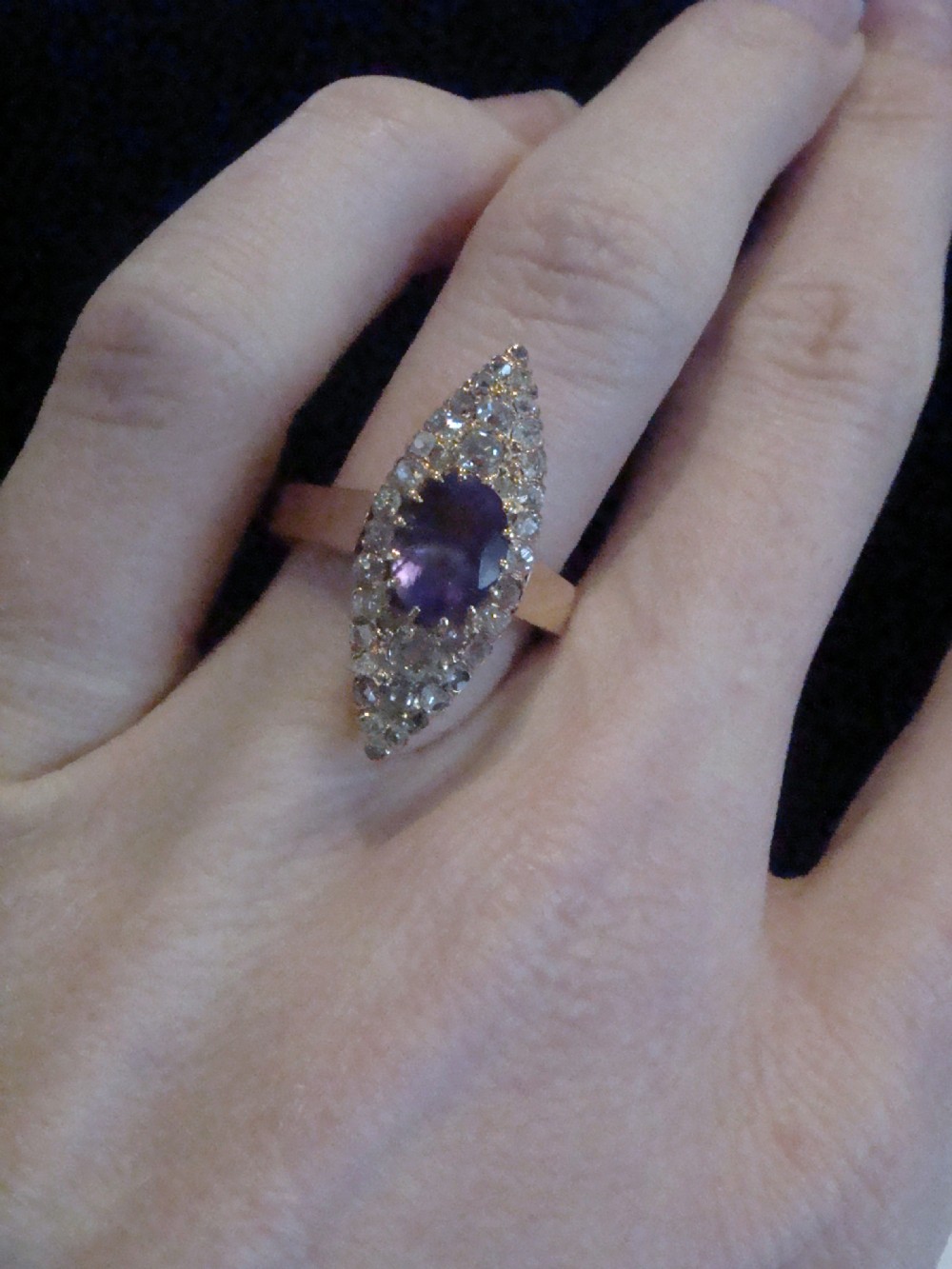 Edwardian 18ct rose / yellow gold amethyst old cut diamond marquis ring French? View V