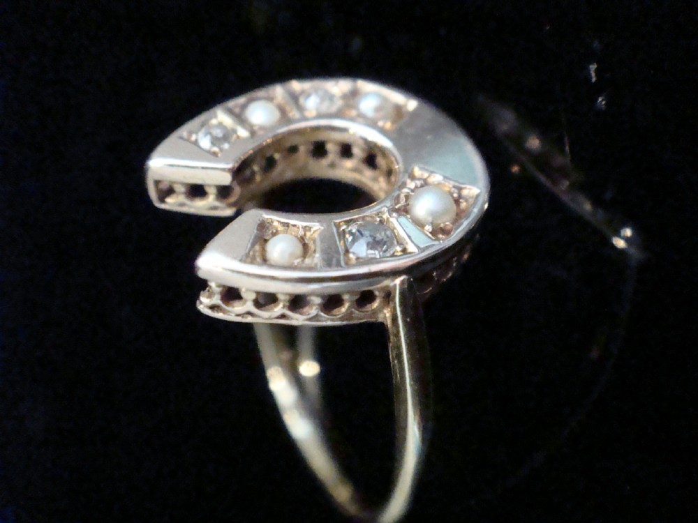 EDWARDIAN 18k 18CT YELLOW GOLD PEARL DIAMOND HORSESHOE RING View II