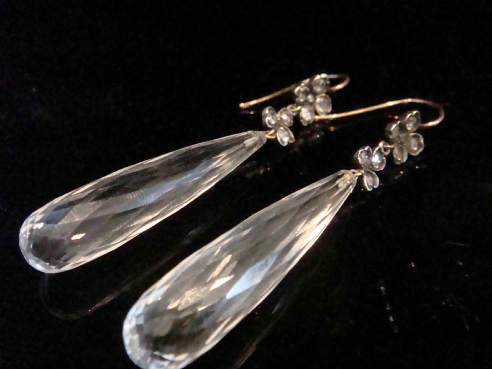 LATE GEORGIAN LARGE 18CT SILVER NATURAL OLD CUT DIAMOND CRYSTAL DROP EARRINGS