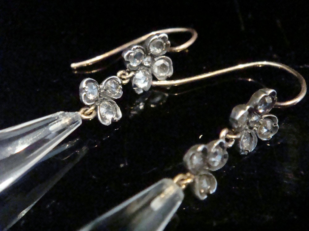 LATE GEORGIAN LARGE 18CT SILVER NATURAL OLD CUT DIAMOND CRYSTAL DROP EARRINGS View III