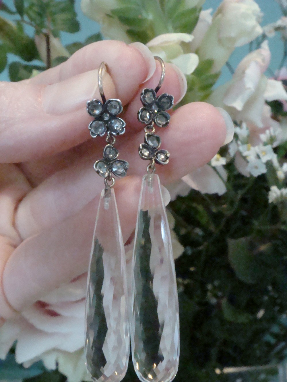 LATE GEORGIAN LARGE 18CT SILVER NATURAL OLD CUT DIAMOND CRYSTAL DROP EARRINGS View IV