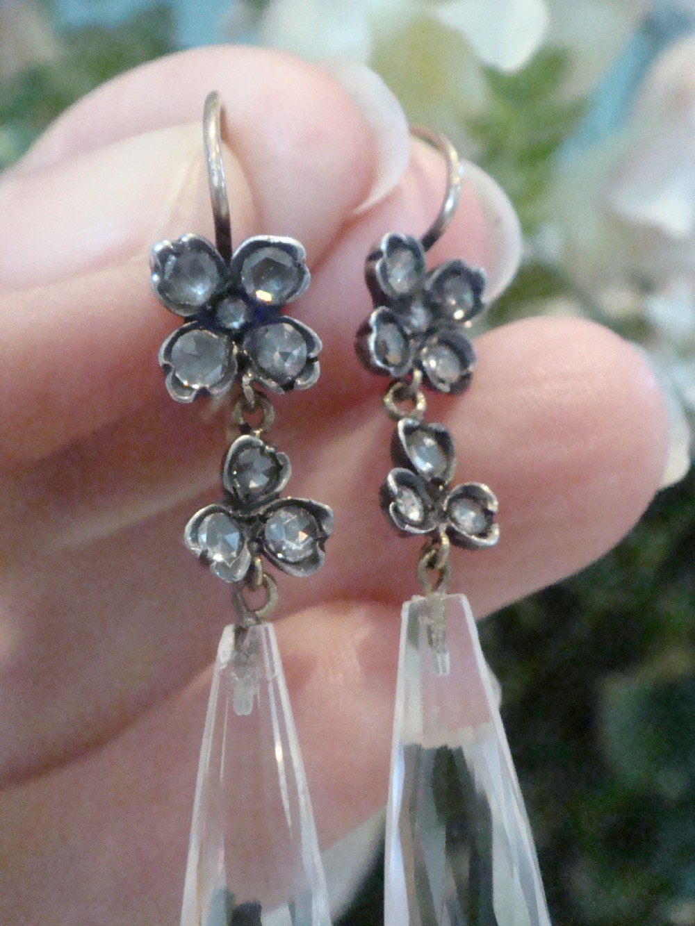 LATE GEORGIAN LARGE 18CT SILVER NATURAL OLD CUT DIAMOND CRYSTAL DROP EARRINGS View II
