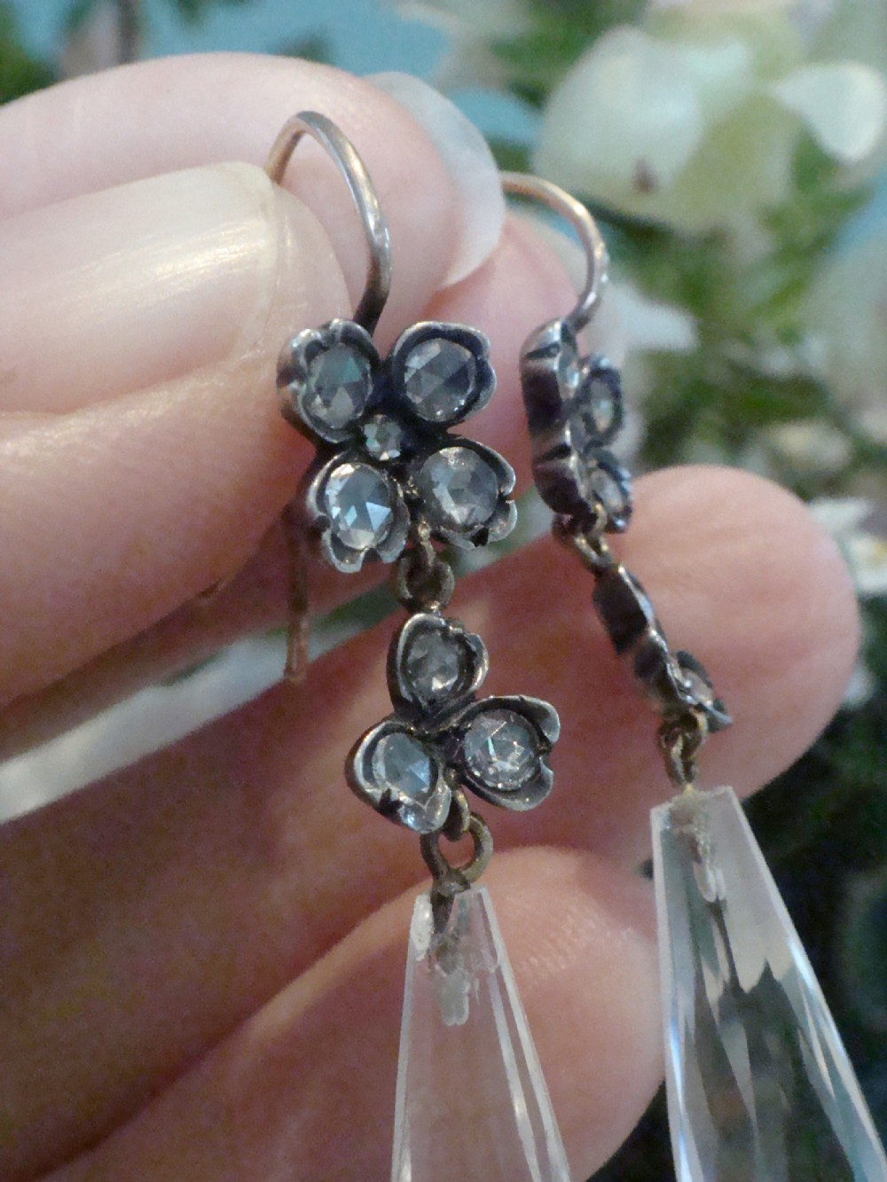 LATE GEORGIAN LARGE 18CT SILVER NATURAL OLD CUT DIAMOND CRYSTAL DROP EARRINGS View IV