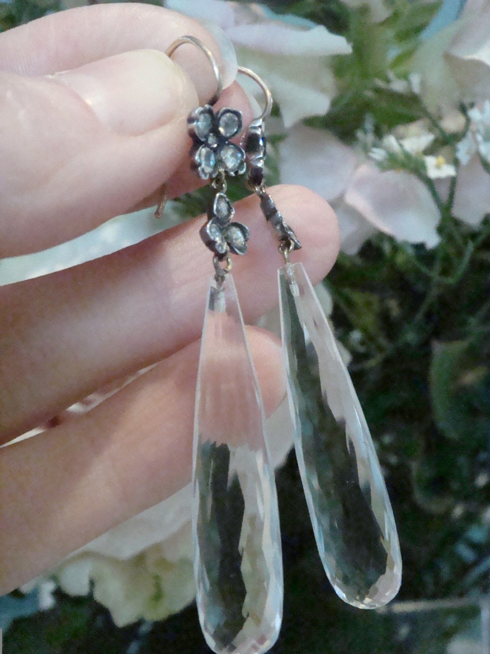 LATE GEORGIAN LARGE 18CT SILVER NATURAL OLD CUT DIAMOND CRYSTAL DROP EARRINGS View VII