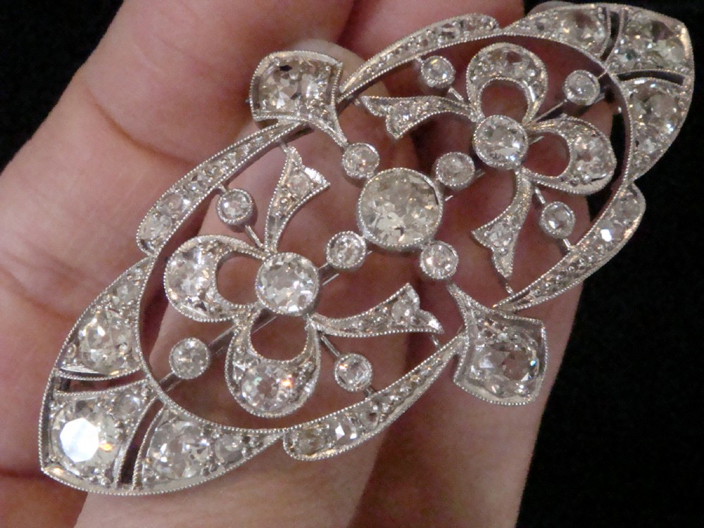 HUGE GENUINE ART NOUVEAU PLATINUM OLD CUT DIAMOND BROOCH 5.00CT View IV