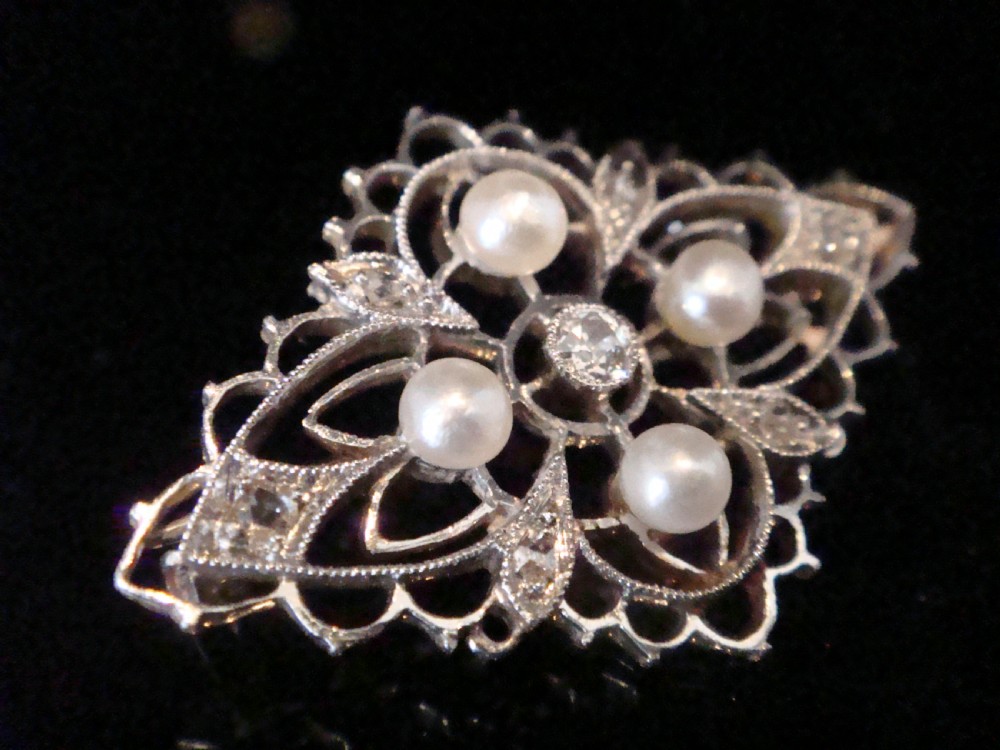 GENUINE ART NOUVEAU EDWARDIAN 18CT PLATINUM OLD CUT DIAMOND PEARL BROOCH