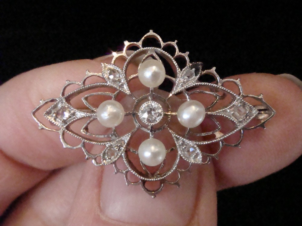 GENUINE ART NOUVEAU EDWARDIAN 18CT PLATINUM OLD CUT DIAMOND PEARL BROOCH View III