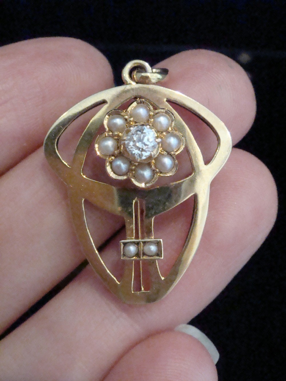 Art Nouveau 9ct yellow gold pearl and old cut diamond pendant necklace View III