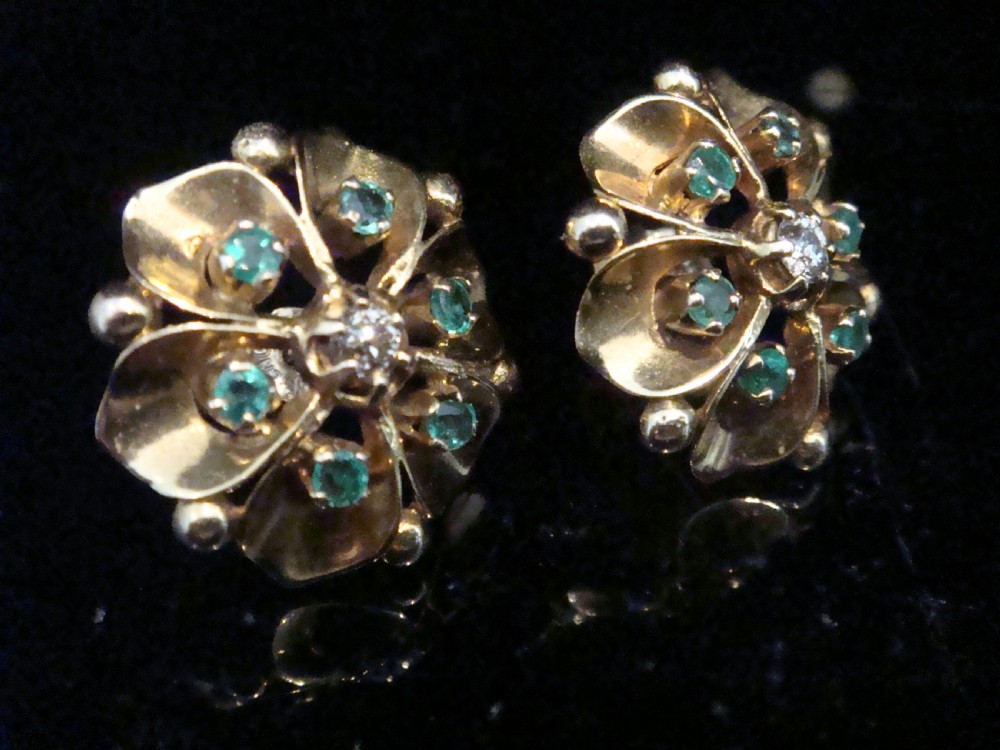 VINTAGE 1930S 18CT EMERALD OLD CUT DIAMOND FLOWER STUDS EARRINGS 6G View II