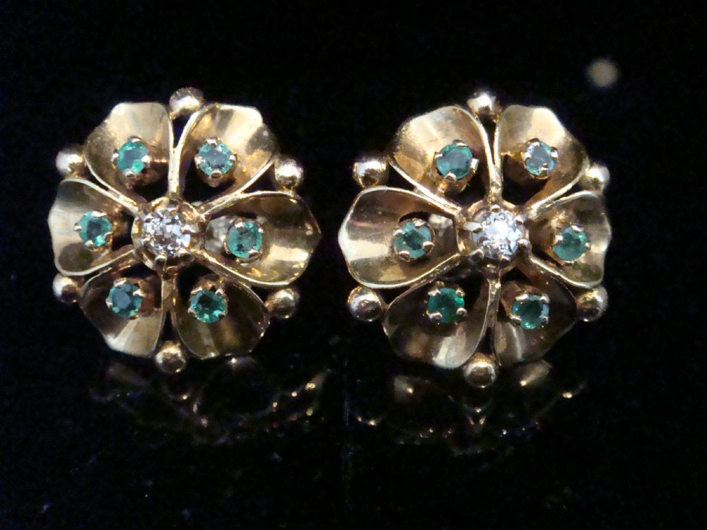 VINTAGE 1930S 18CT EMERALD OLD CUT DIAMOND FLOWER STUDS EARRINGS 6G