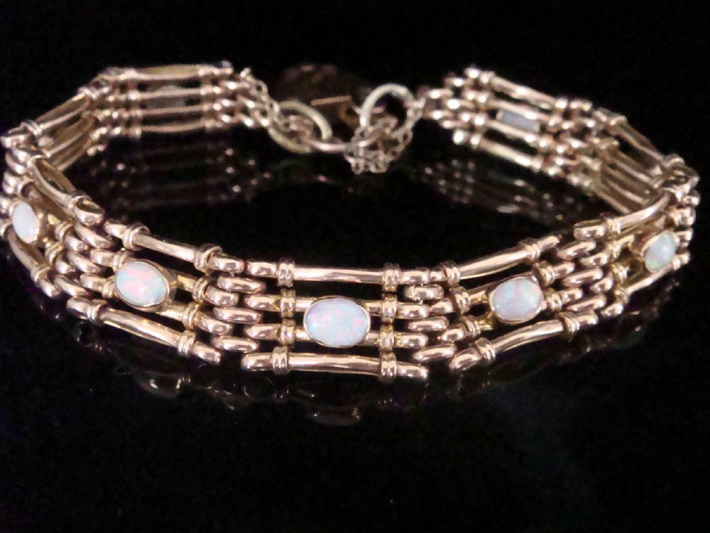 EDWARDIAN HEAVY 9CT ROSE GOLD OPAL HEART PADLOCK GATE BRACELET 17.4G