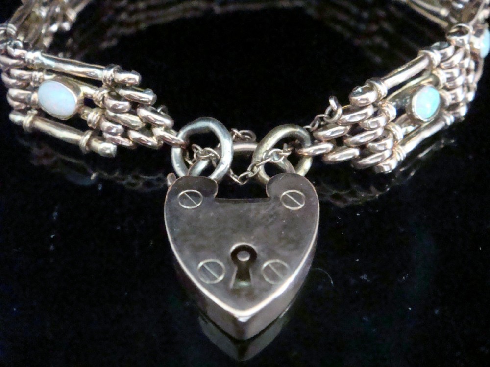 EDWARDIAN HEAVY 9CT ROSE GOLD OPAL HEART PADLOCK GATE BRACELET 17.4G View V