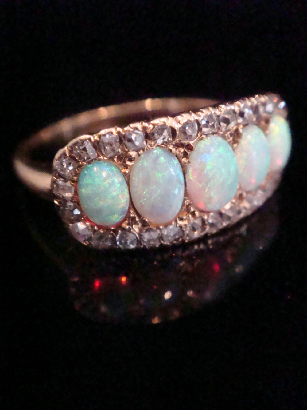Edwardian 14ct yellow gold natural solid opal and old cut diamond 5 stone ring View II