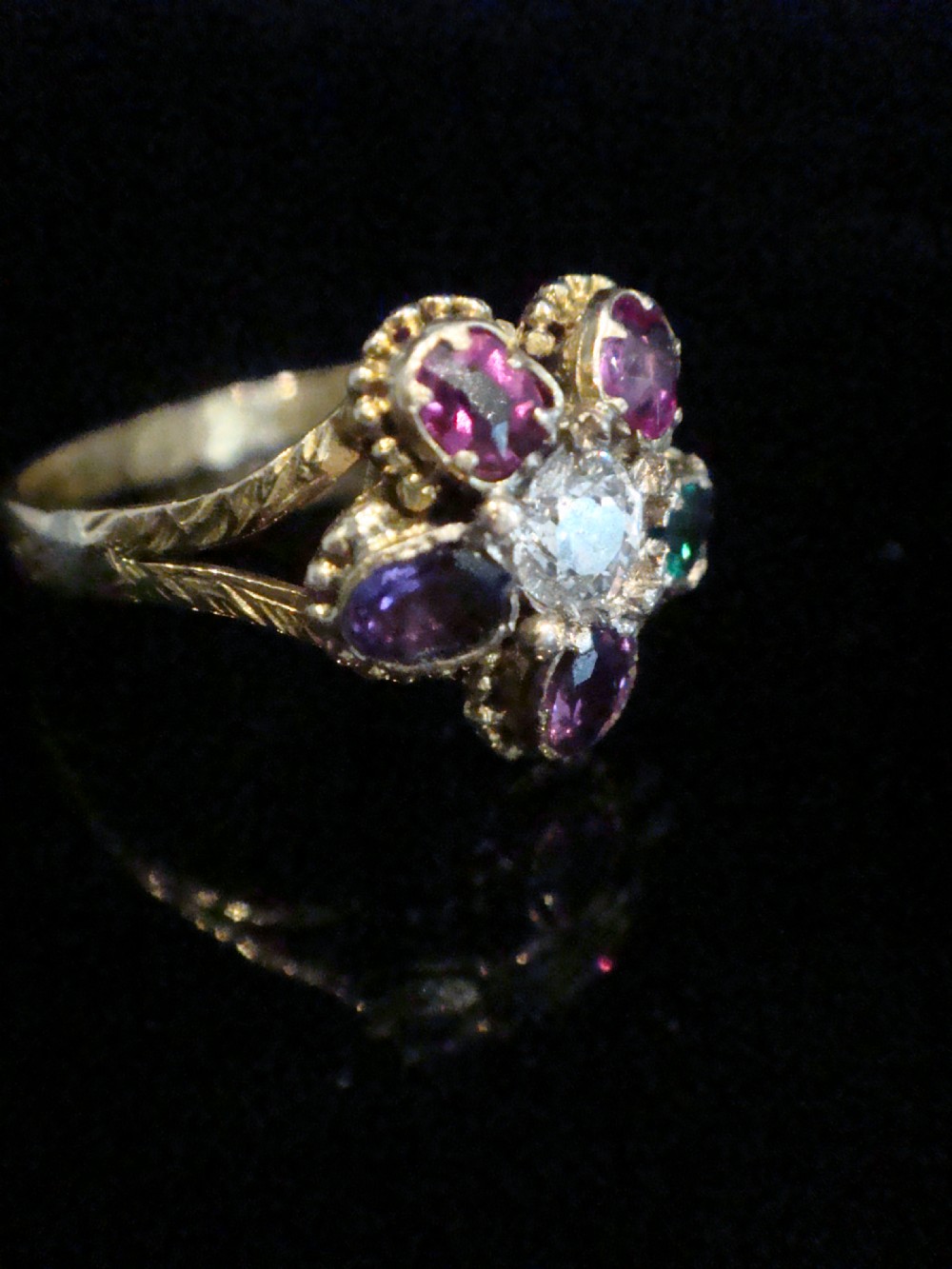 VICTORIAN 12ct REGARD cluster diamond emerald amethyst ruby garnet cluster View II