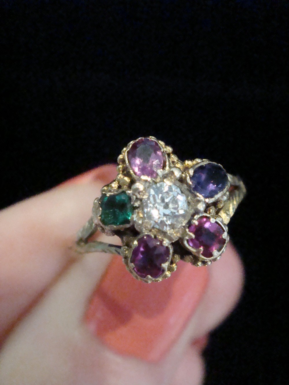 VICTORIAN 12ct REGARD cluster diamond emerald amethyst ruby garnet cluster View V