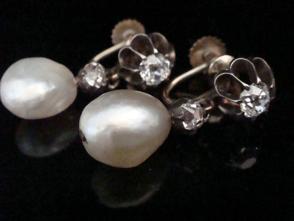 EDWARDIAN 18CT NATURAL SALTWATER PEARL OLD CUT DIAMOND EARRINGS SCREW FIXING View III
