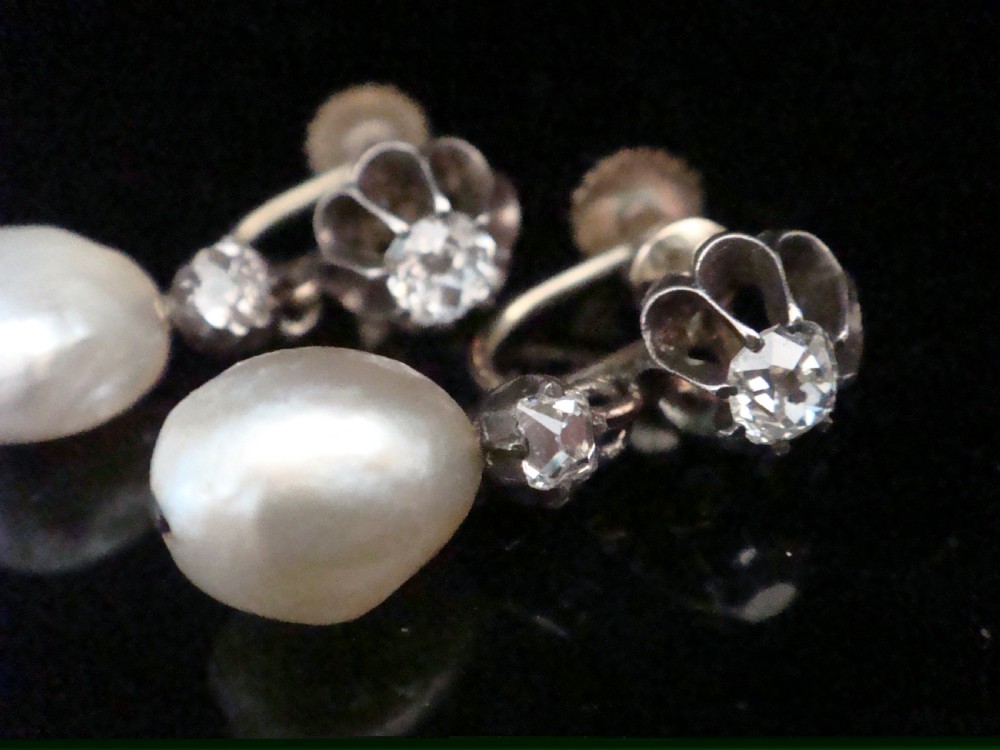 EDWARDIAN 18CT NATURAL SALTWATER PEARL OLD CUT DIAMOND EARRINGS SCREW FIXING View IV