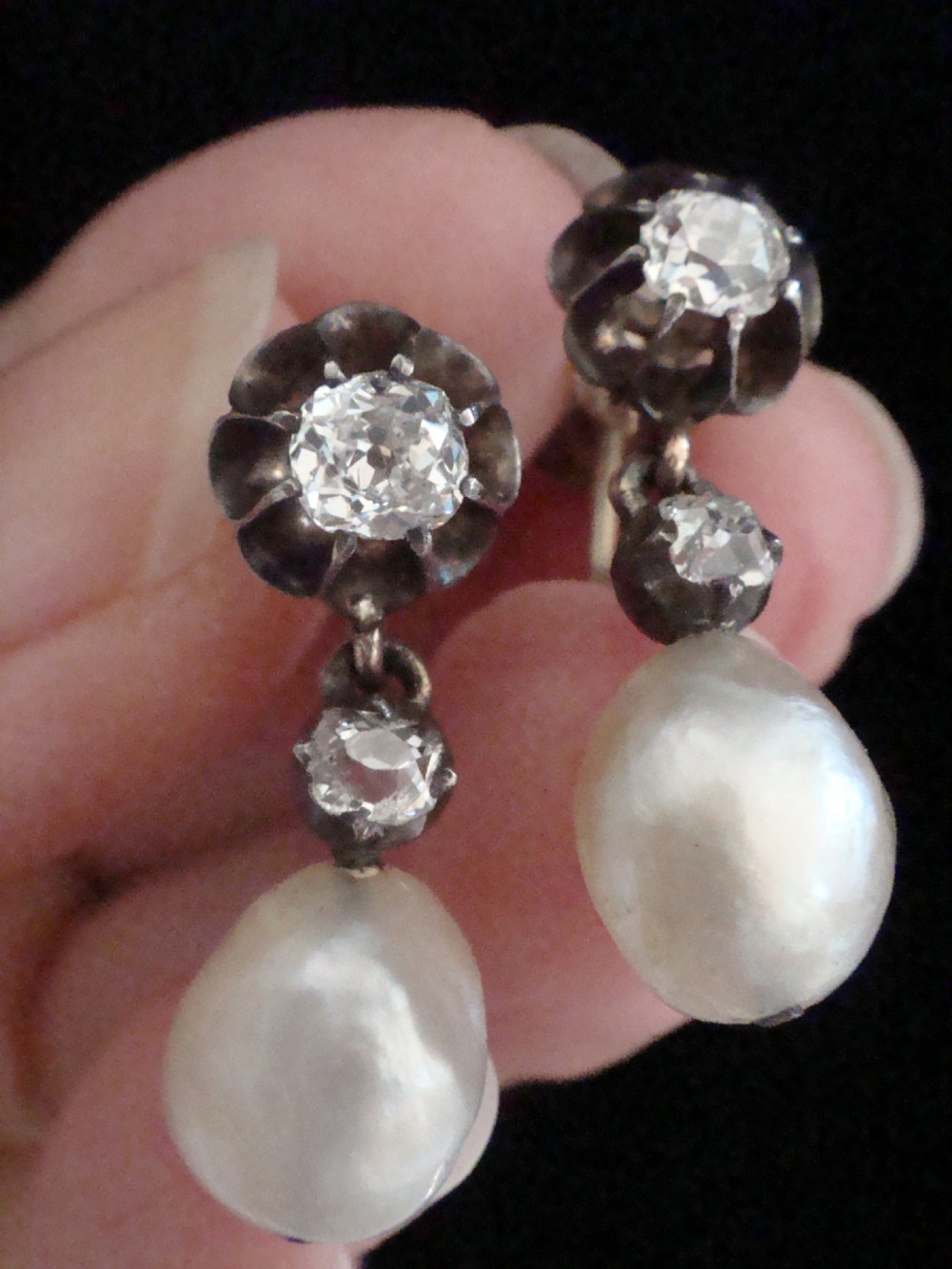 EDWARDIAN 18CT NATURAL SALTWATER PEARL OLD CUT DIAMOND EARRINGS SCREW FIXING View V