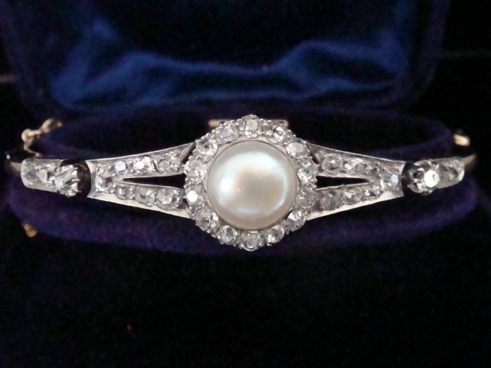 EDWARDIAN 18CT PLATINUM NATURAL SALTWATER PEARL AND DIAMOND BANGLE BRACELET View IV