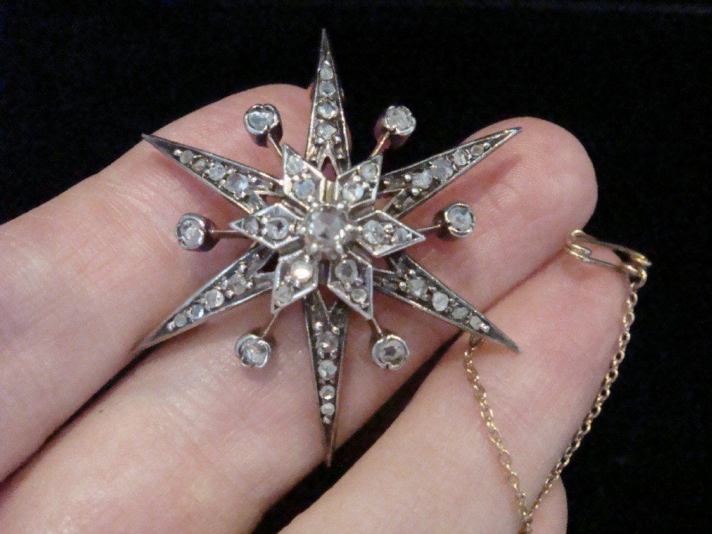 Victorian 18ct old rose cut diamond celestial star starburst brooch pendant View II