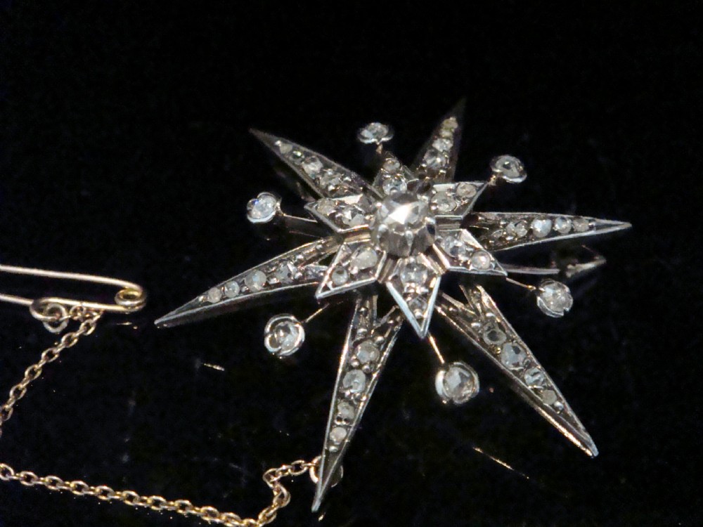 Victorian 18ct old rose cut diamond celestial star starburst brooch pendant View V