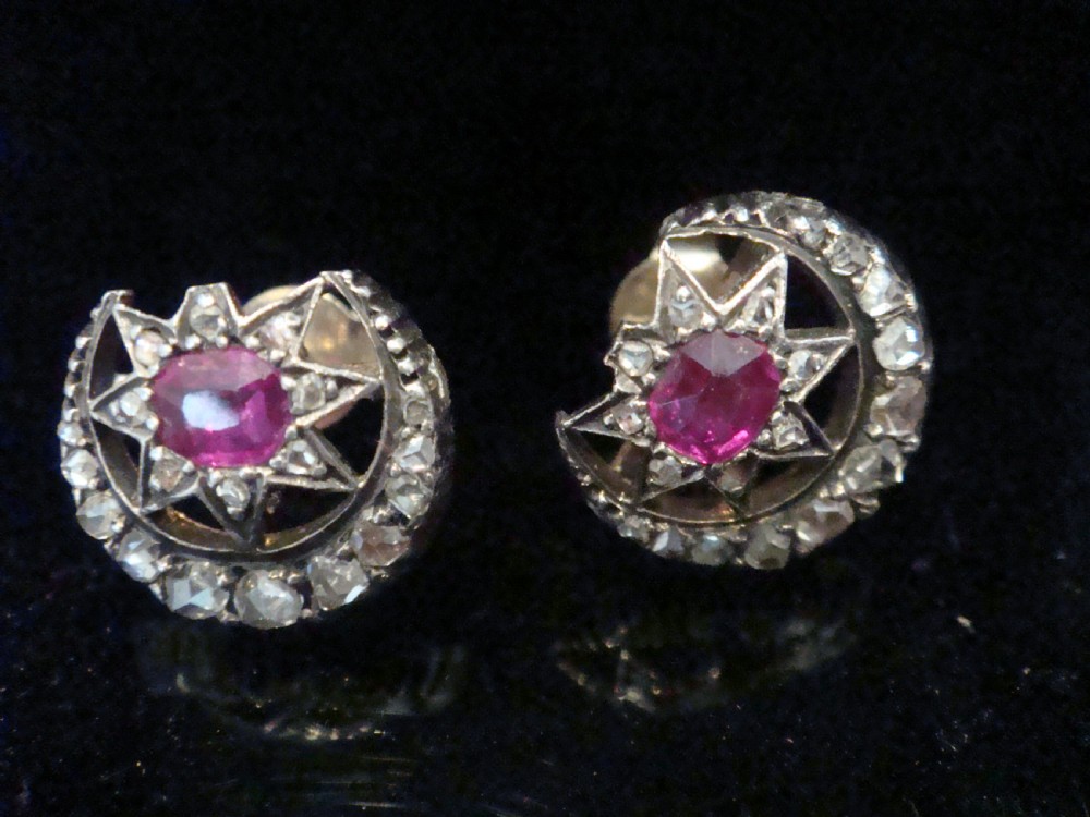 EDWARDIAN 18CT NATURAL RUBY ROSE CUT DIAMOND STAR CRESCENT EARRINGS