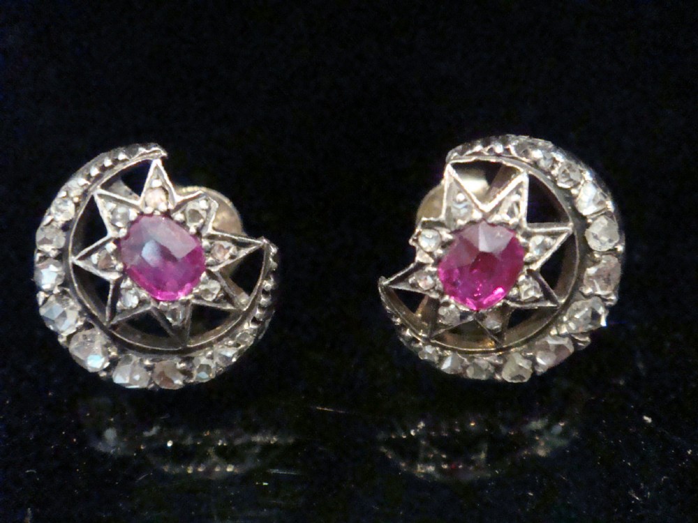 EDWARDIAN 18CT NATURAL RUBY ROSE CUT DIAMOND STAR CRESCENT EARRINGS View II