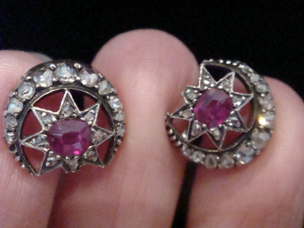 EDWARDIAN 18CT NATURAL RUBY ROSE CUT DIAMOND STAR CRESCENT EARRINGS View III