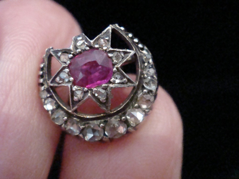 EDWARDIAN 18CT NATURAL RUBY ROSE CUT DIAMOND STAR CRESCENT EARRINGS View IV