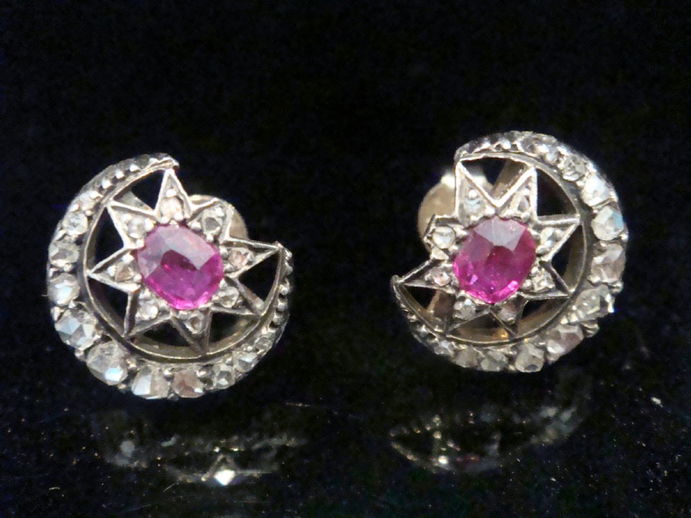EDWARDIAN 18CT NATURAL RUBY ROSE CUT DIAMOND STAR CRESCENT EARRINGS View VI