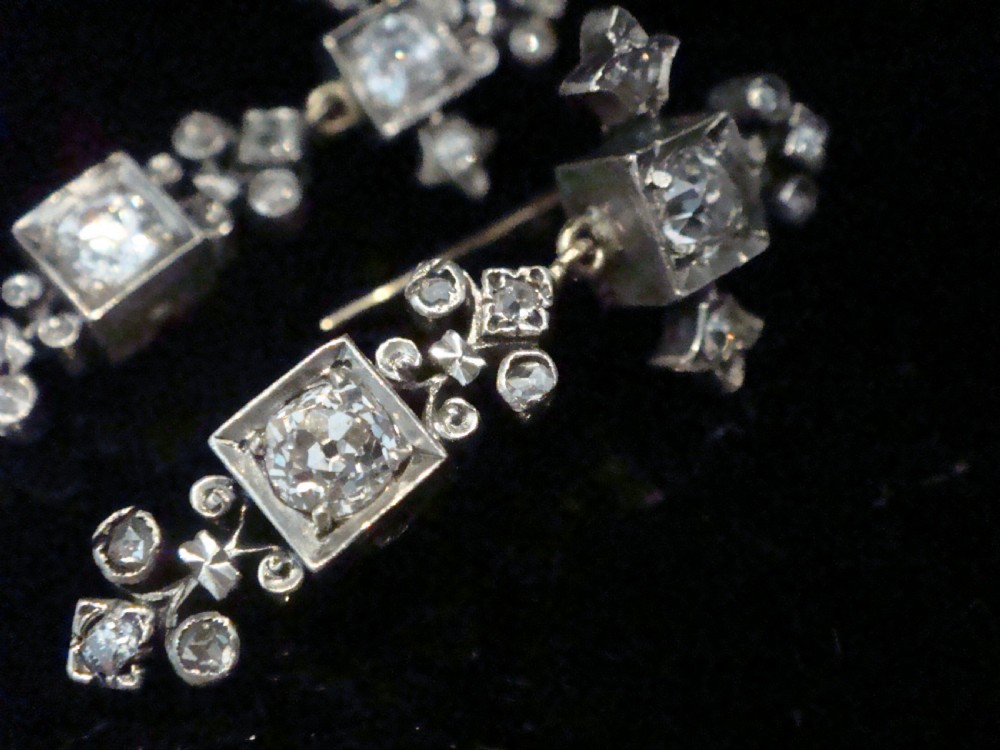 ART DECO EDWARDIAN 18CT SILVER OLD CUT DIAMOND DROP 1.80CT EARRINGS 
