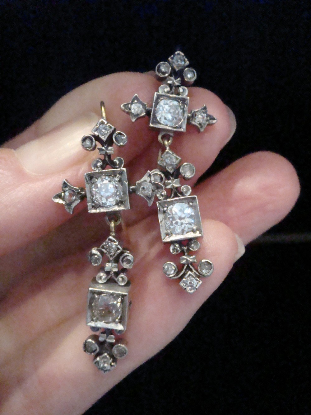 ART DECO EDWARDIAN 18CT SILVER OLD CUT DIAMOND DROP 1.80CT EARRINGS  View III