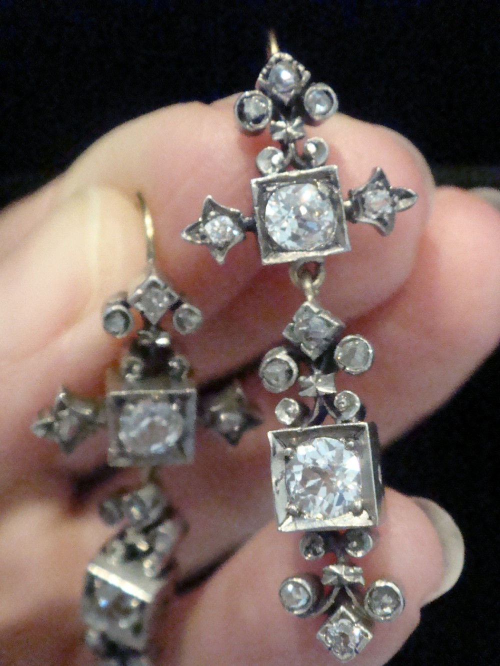 ART DECO EDWARDIAN 18CT SILVER OLD CUT DIAMOND DROP 1.80CT EARRINGS  View IV