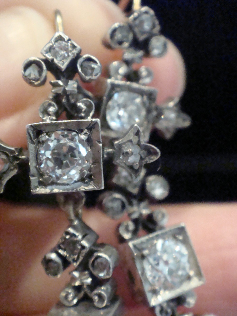 ART DECO EDWARDIAN 18CT SILVER OLD CUT DIAMOND DROP 1.80CT EARRINGS  View V