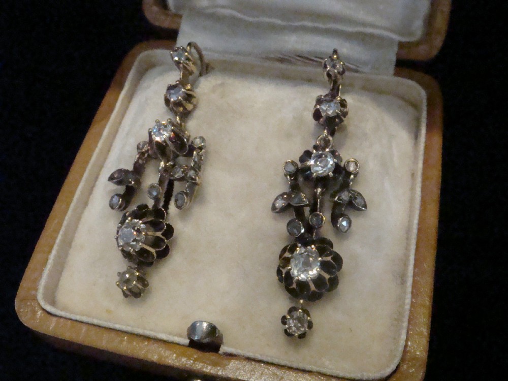 VICTORIAN EDWARDIAN 15CT YELLOW GOLD OLD ROSE CUT DIAMOND DROP 1.20CT EARRINGS