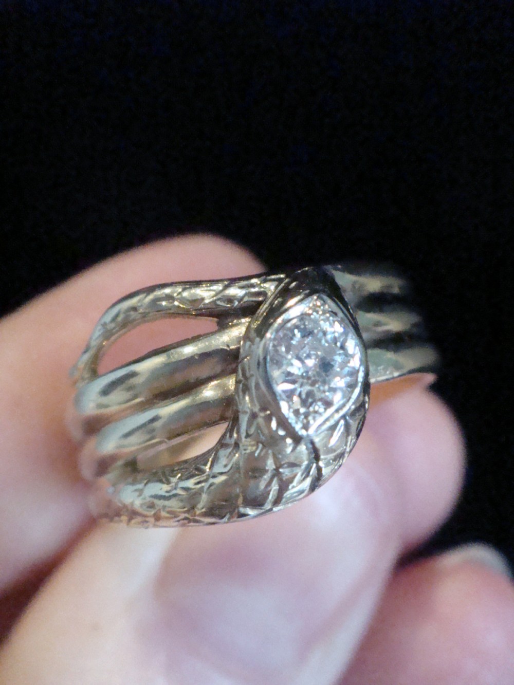 Edwardian antique old cut diamond snake ring set in yellow gold View II