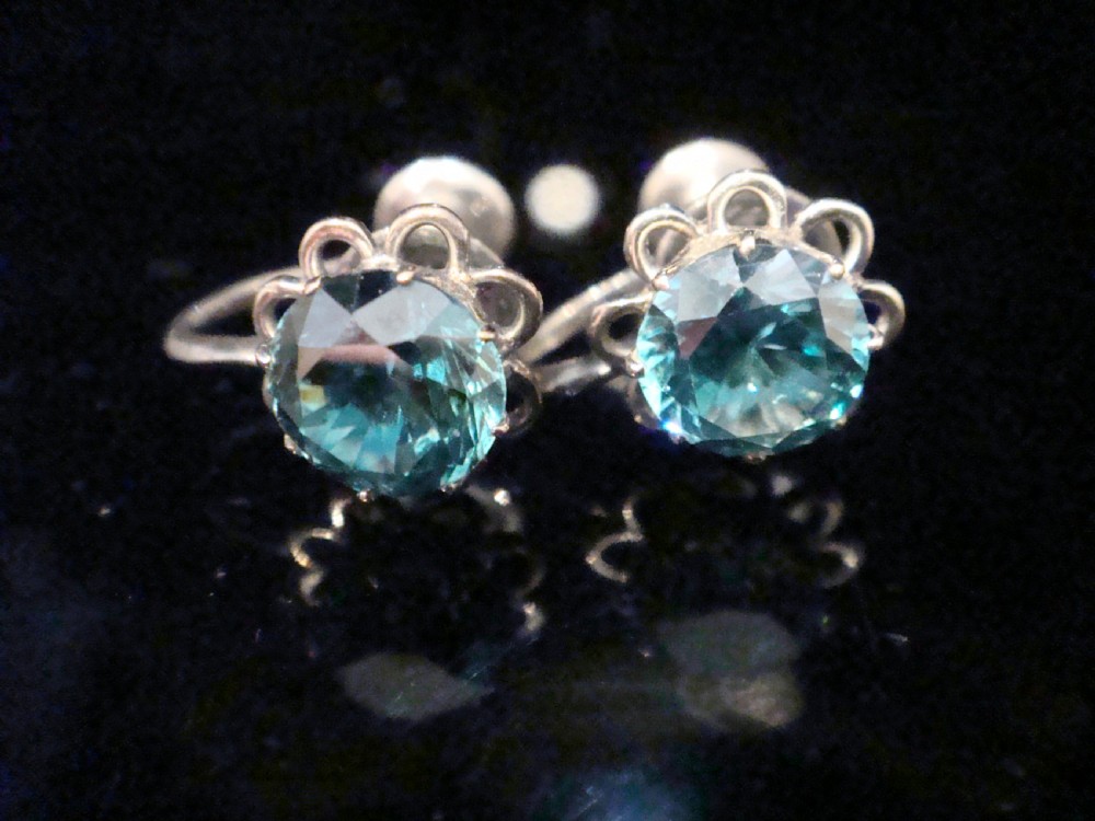 Edwardian Mikimoto silver natural blue zircon screw earrings View II