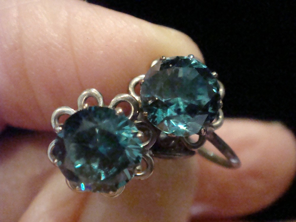 Edwardian Mikimoto silver natural blue zircon screw earrings View III