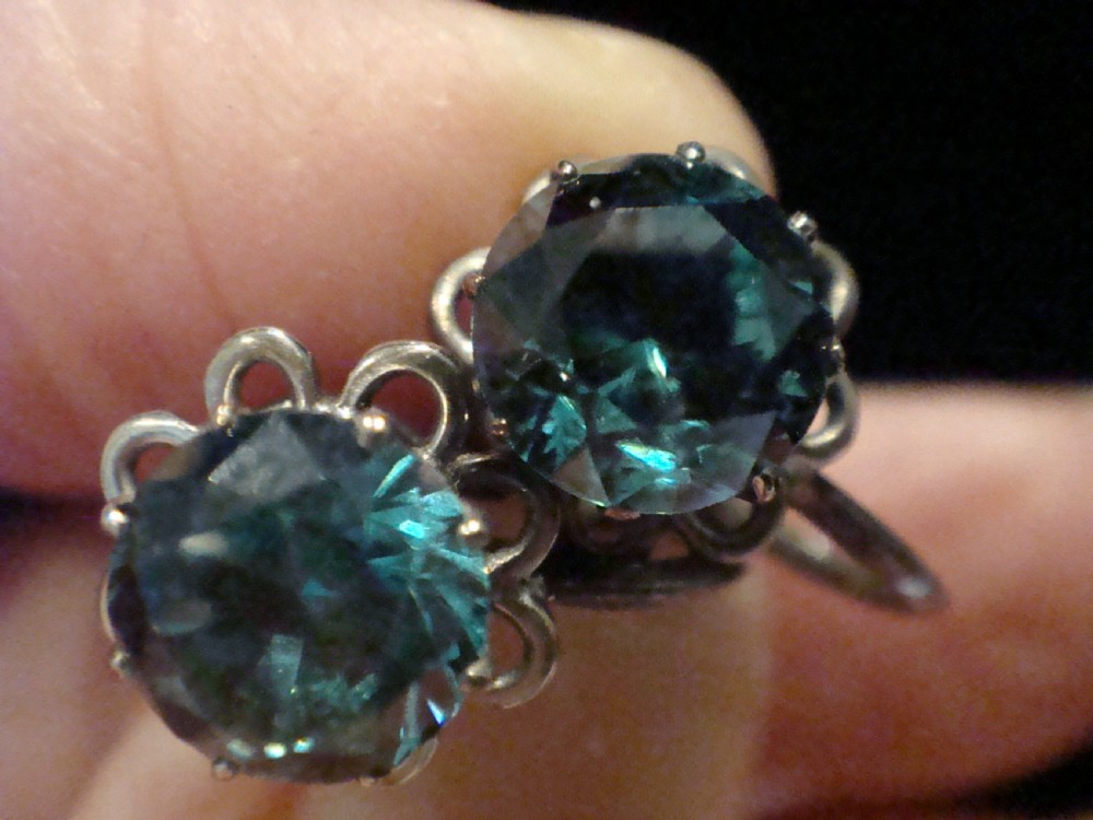 Edwardian Mikimoto silver natural blue zircon screw earrings View IV