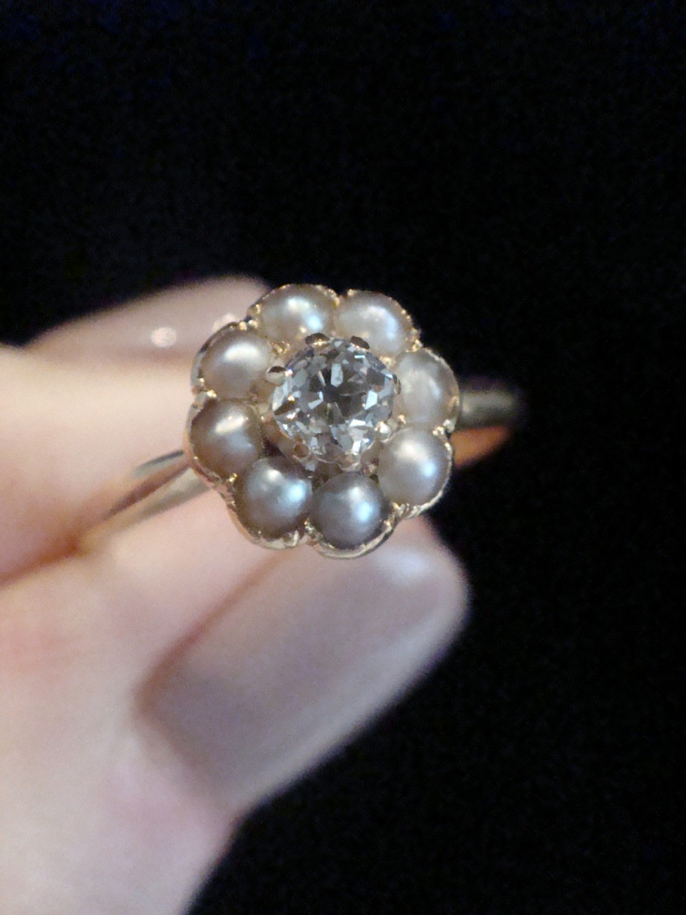 Edwardian 18ct yellow gold old cut diamond 0.15ct and pearl cluster View II