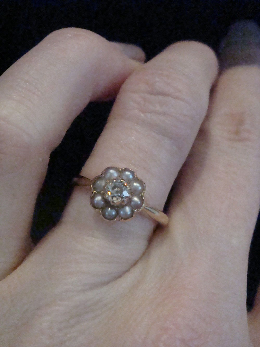 Edwardian 18ct yellow gold old cut diamond 0.15ct and pearl cluster View IV