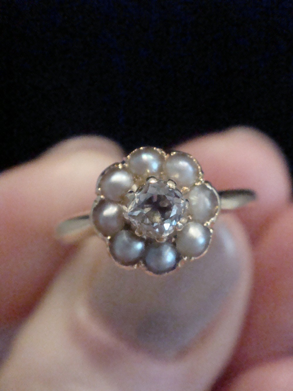 Edwardian 18ct yellow gold old cut diamond 0.15ct and pearl cluster View V