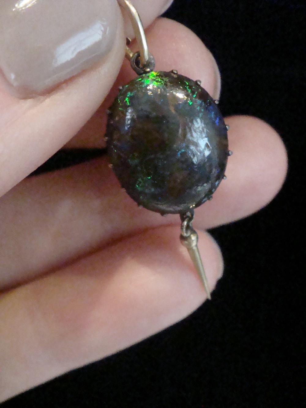 Edwardian 9ct and silver set wood opal pendant